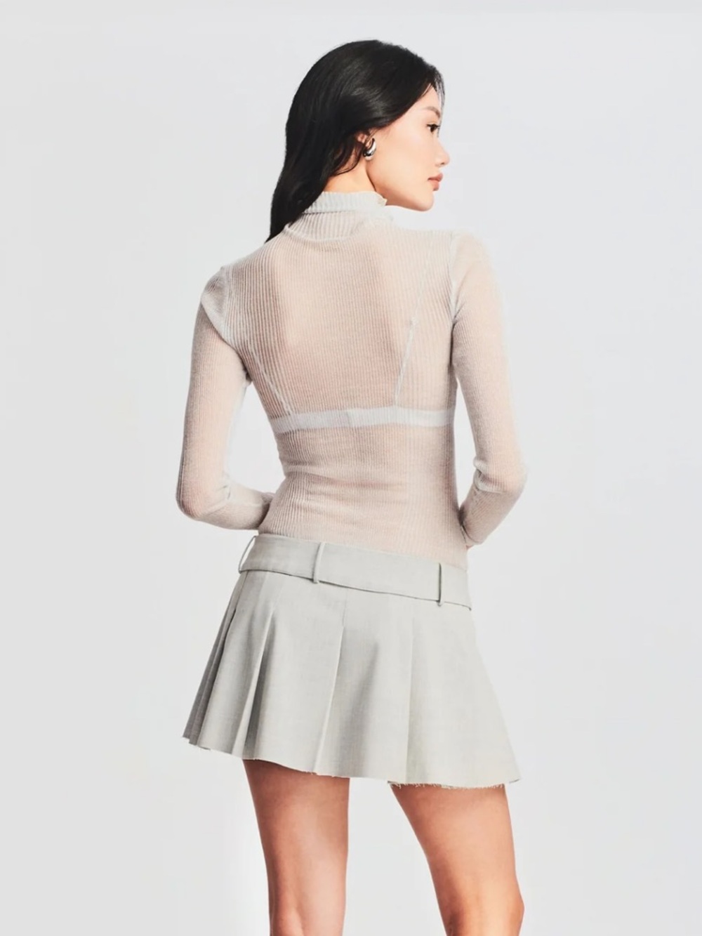 SEROYA Piper Sheer Ribbed Turtleneck Long Sleeve Top in White - Picture 2 of 4